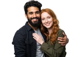 Joyful couple embracing with warm smiles captured in a studio portrait transparent background