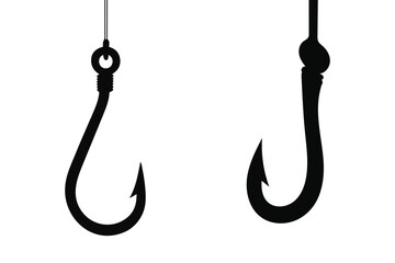 Fishing hook gear silhouette vector, simple black design for fishing equipment, hobby, and outdoor concepts.