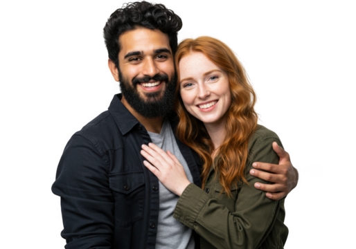 Joyful couple embracing with warm smiles captured in a studio portrait transparent background