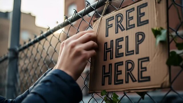 hands hanging free help here sign urban area