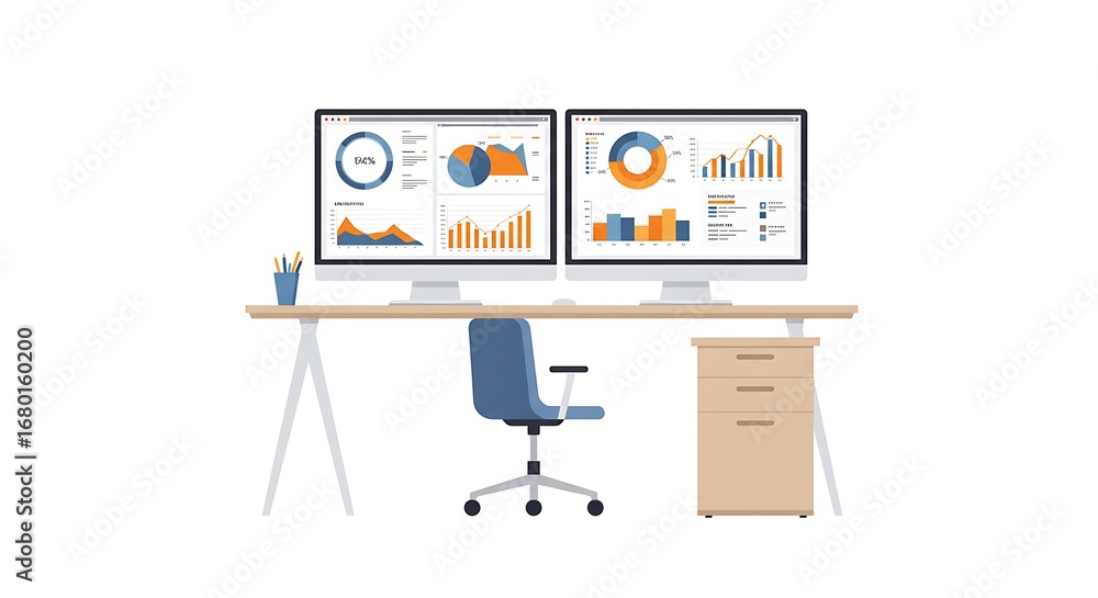Poster modern office workspace displays a dual monitor setup with data visualizations, highlighting a produ