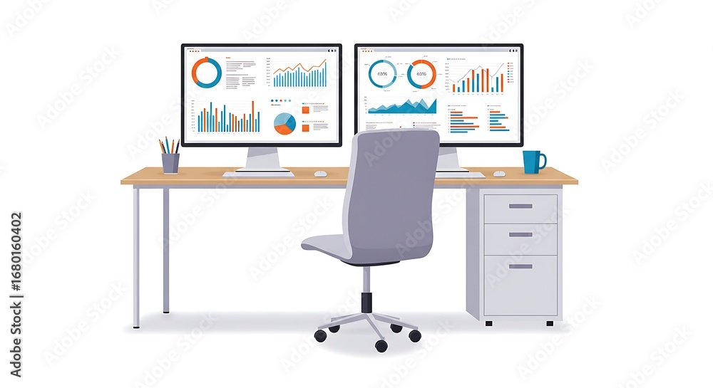 Poster a modern workspace featuring a desk with two computer monitors displaying data visualizations, a com
