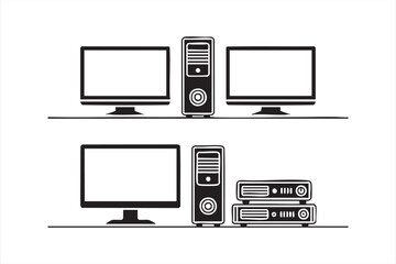 Outline Computer Workstation Screens and Tower Illustration
