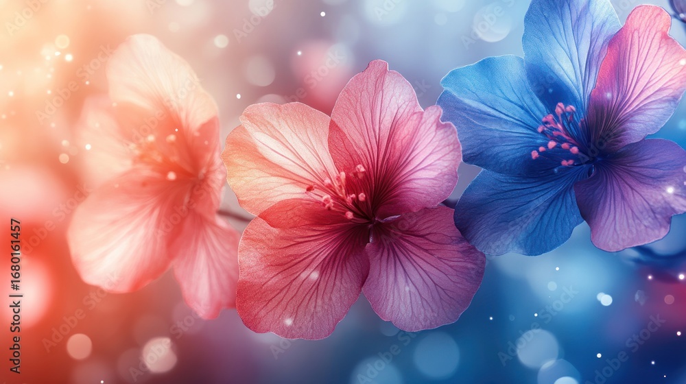 Poster dreamy close-up of translucent flowers in gradient hues with soft bokeh background and sparkling lig