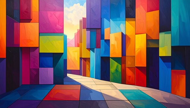 Abstract Urban Scene Depicting a Colorful Geometric Pathway and Architectural Elements