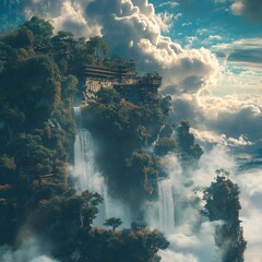 Fototapeta premium Majestic Asian-Inspired Temples and Waterfalls on Floating Mountains Amidst Ethereal Clouds and Blue Sky