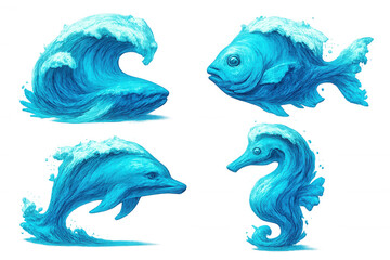 Fototapeta premium Wave forming various sea creatures and crest, isolated on transparent background, ideal for environmental or marine concepts