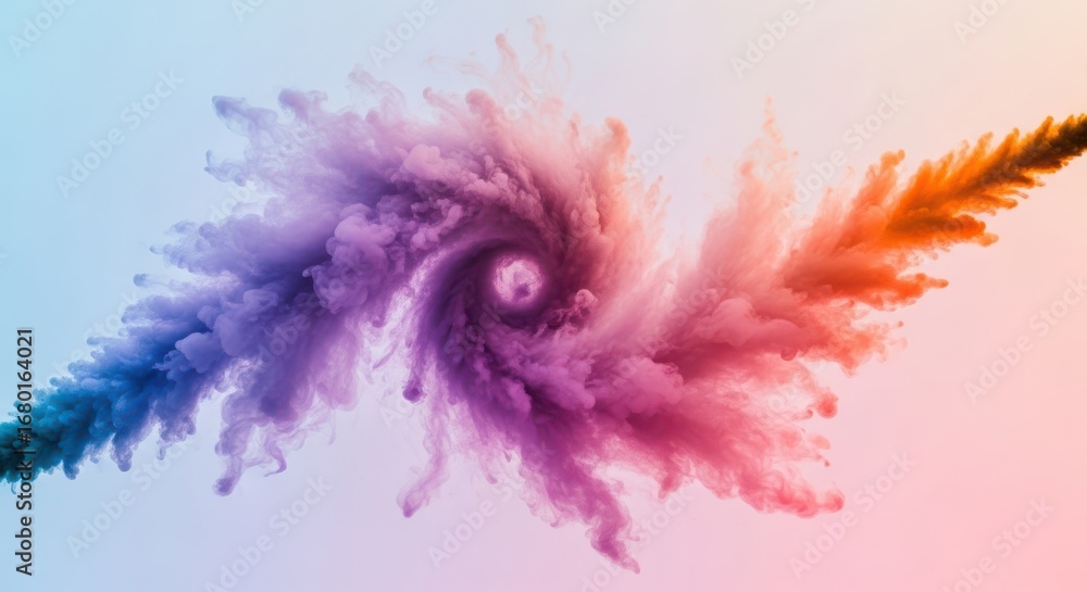 Poster a vibrant explosion of colorful powder swirls in a dynamic spiral formation against a soft gradient 