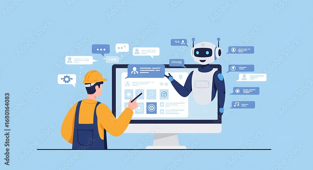 Poster a worker and a robot interact on a computer screen, engaged in a digital collaboration.
