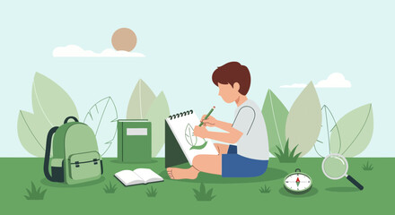 Creative boy drawing nature outside with school supplies and green plants