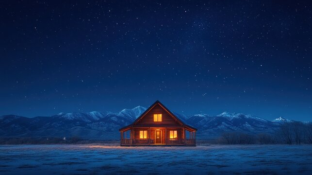 Cozy Log Cabin Bathed in Warm Light Under a Brilliant Starry Winter Night Sky, Flanked by Snow-Capped Mountains