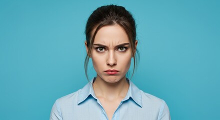 Expressive female portrait exhibiting displeasure and skepticism on blue backdrop