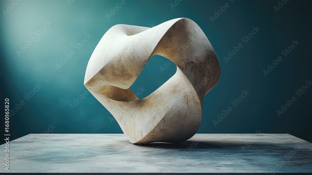 Poster elegant abstract sculpture with twisted loop form on textured surface, minimalist art against gradie
