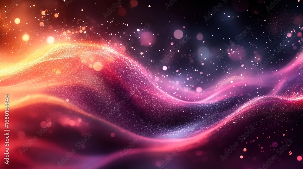Poster abstract flowing light particles with colorful gradient, sparkling glitter waves and glowing bokeh e