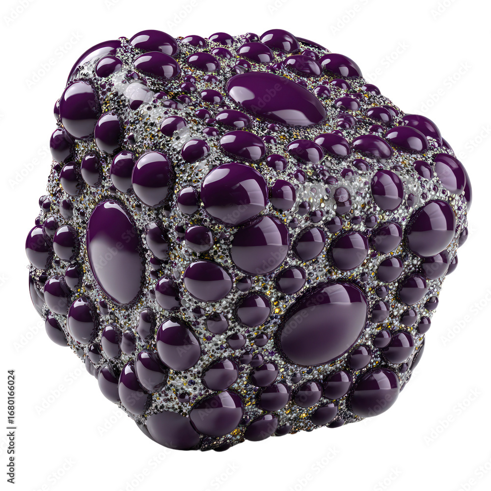 Poster close up view of a textured fractal sphere with numerous smooth purple droplets and sparkling partic