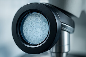 Close-up view through a microscope lens showing clustered round biological cells in a blue tone, emphasizing scientific research and laboratory study.