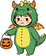Adorable child in green dragon costume holding pumpkin bucket, cartoon boy trick or treat illustration, cute Halloween outfit, fantasy holiday character