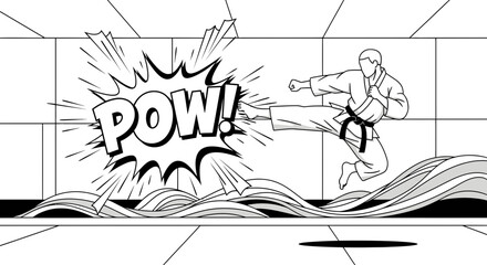 Dynamic karateka delivers a powerful kick in a comic book-style black and white scene