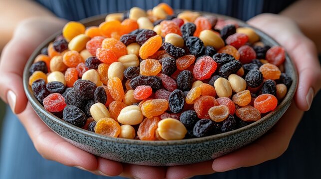 Close-up of human hands presenting a rustic ceramic bowl filled with a colorful and vibrant assortment of healthy dried fruits and crunchy nuts, including apricots, raisins, cranberries, and peanuts.