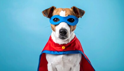 Dog in superhero costume against a blue background