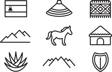 Lesotho Icon Set Outlines National Symbols Culture Heritage Landmarks Nature Wildlife Traditions