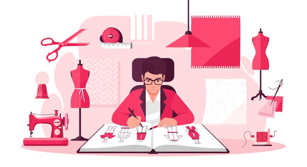 Fashion designer creating dress sketches in studio using fashion design tools and dummy