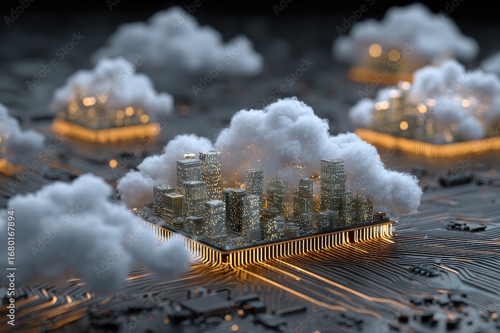 Poster miniature city nestled within a cloud-like data center on a circuit board