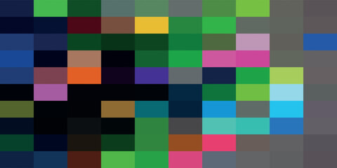 Abstract pixelated design featuring a colorful arrangement of squares in shades of green, blue, pink, orange, and gray.