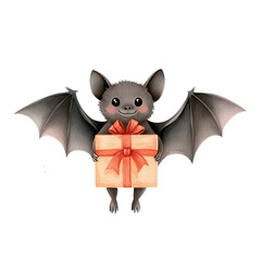 Cute bat holding a gift box with a ribbon