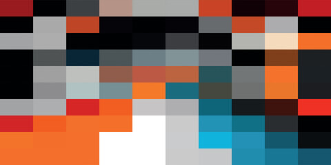 Abstract pixelated background with a blend of orange, blue, red, grey, black, and white colors.
