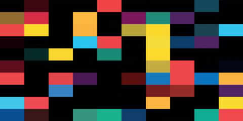 Abstract composition of colorful squares and rectangles arranged randomly on a black background, creating a pixelated effect.