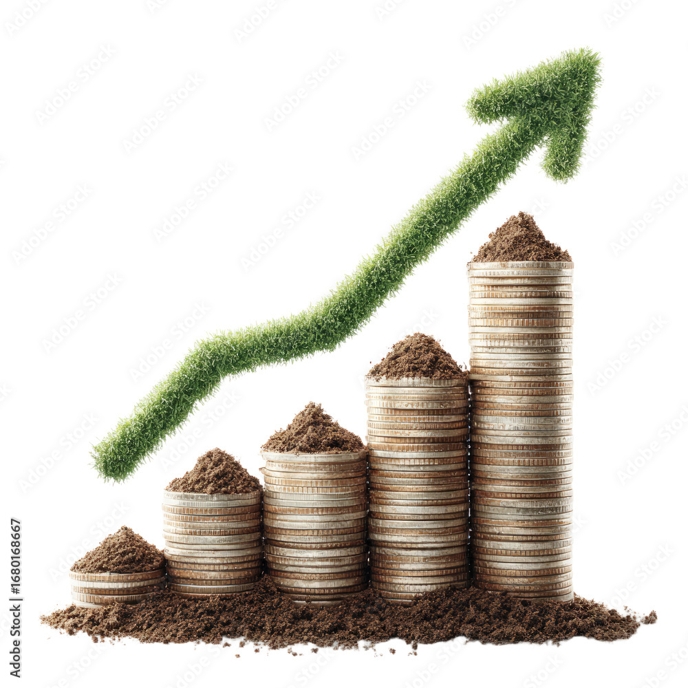 Poster Stacks of coins increasing in height with a grass covered arrow pointing upward against a dark background