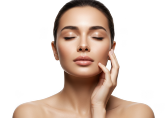 Woman touching face with eyes closed pose on transparent background