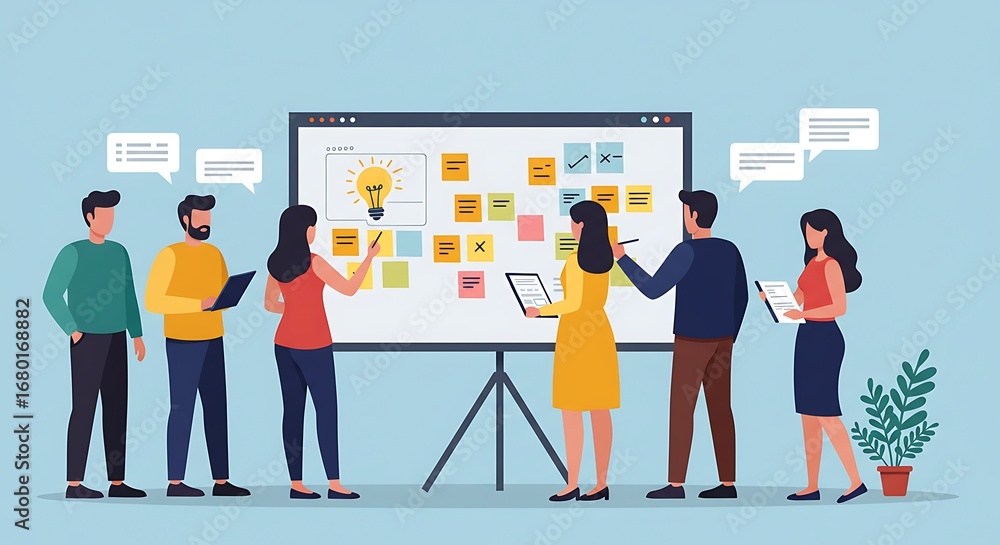 Poster a diverse team engaged in a collaborative brainstorming session, utilizing a large interactive white