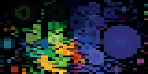 Abstract digital artwork featuring a vibrant array of pixelated shapes and colors against a dark background, creating a dynamic and modern composition.