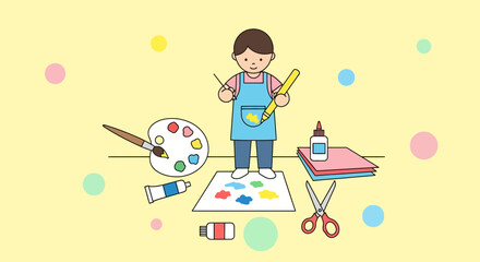 Fototapeta premium Illustration of a child engaging in arts and crafts project with supplies creatively arranged
