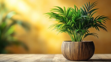 Lush Green Potted Palm Plant in a Wooden Pot on a Table with Warm Blurred Yellow Background for Modern Home Decor
