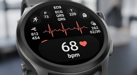 Smartwatch displaying heart rate and ECG data, health monitoring technology