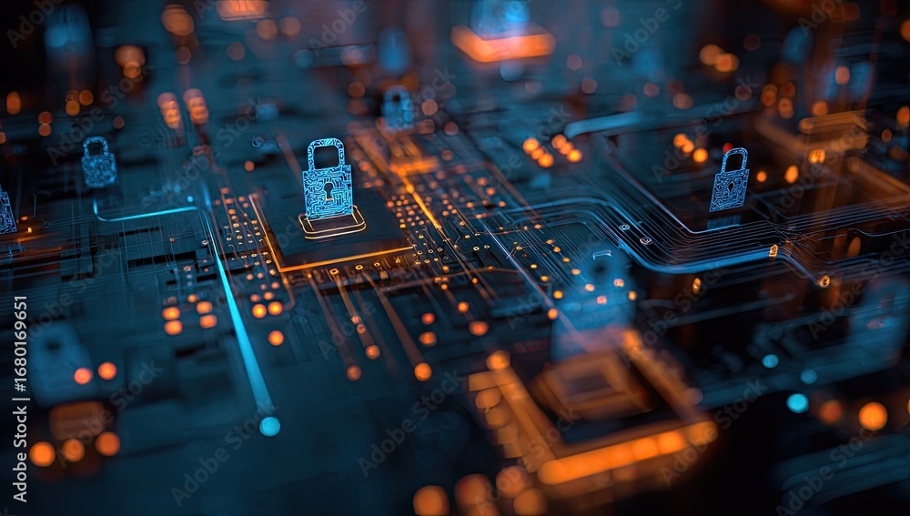 Poster cyber security network with glowing padlocks on circuit board