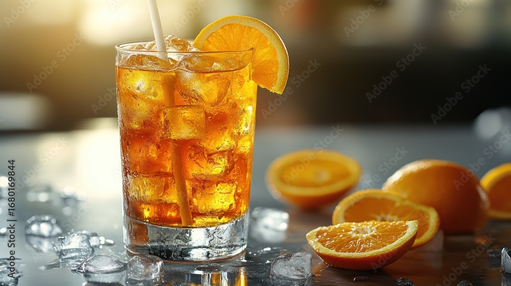 Aufkleber refreshing iced drink with ice cubes and citrus slices on a reflective surface, brightly lit for a c