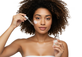 Woman applying facial serum with dropper on transparent background