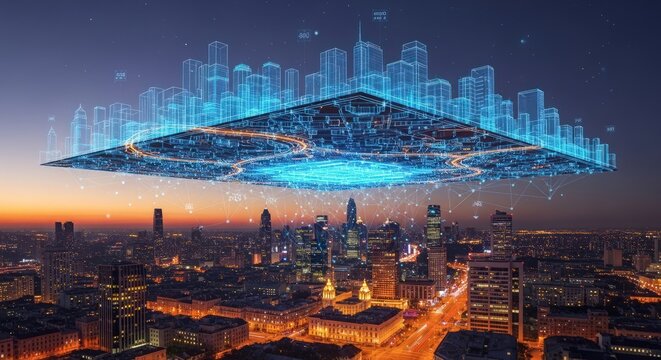 Futuristic Digital Cityscape with Data Overlay at Night