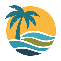 Obraz premium Summer palm tree and ocean waves logo for travel, vacation, beach, and tropical-themed brands or personal use