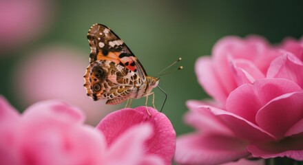 Obraz premium Detailed close-up of a painted lady butterfly perched on pink flower