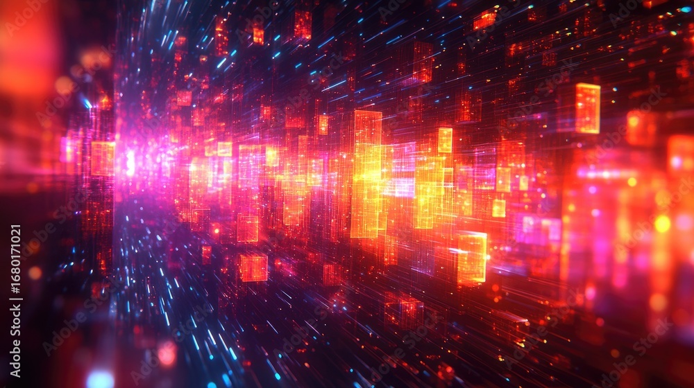 Poster vibrant abstract digital network background with glowing blocks and high-speed light trails