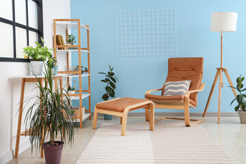 Comfortable armchair, lamp and shelving unit in living room