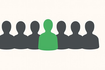 Unique standout green silhouette among group of black people icons, individuality concept, leadership representation, business recruitment symbol, personal branding, diversity inclusion, human resourc