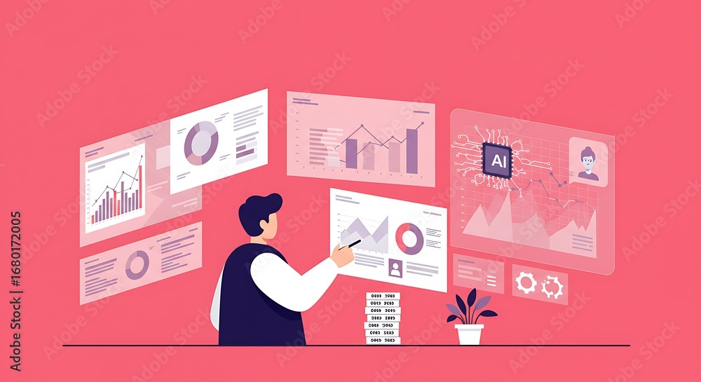 Poster a person interacts with numerous data visualizations, demonstrating a modern approach to data analys