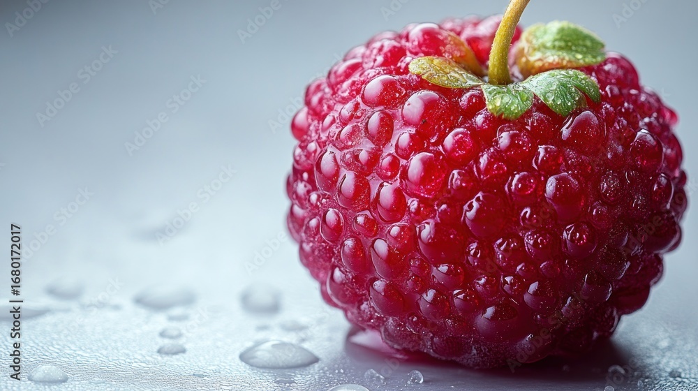 Poster Macro Close-up of Fresh Red Raspberry with Sparkling Water Droplets on a Light Blue-Grey Background, Emphasizing Vivid Texture and Juiciness