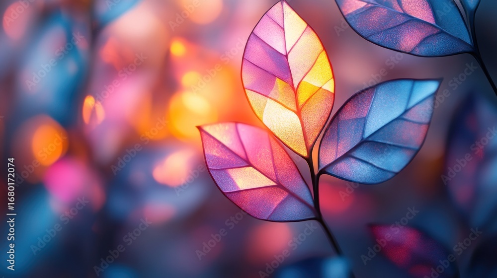 Poster vibrant luminous leaves with gradient colors and bokeh background - abstract botanical art